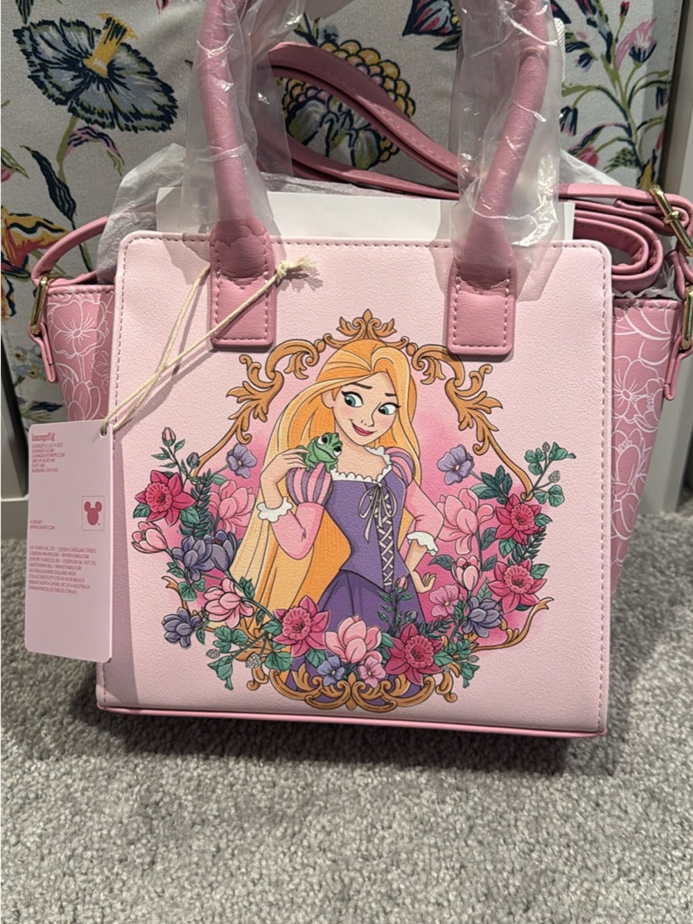 Loungefly Pink Rapunzel Floral Crossbody Satchel with Gold Accents